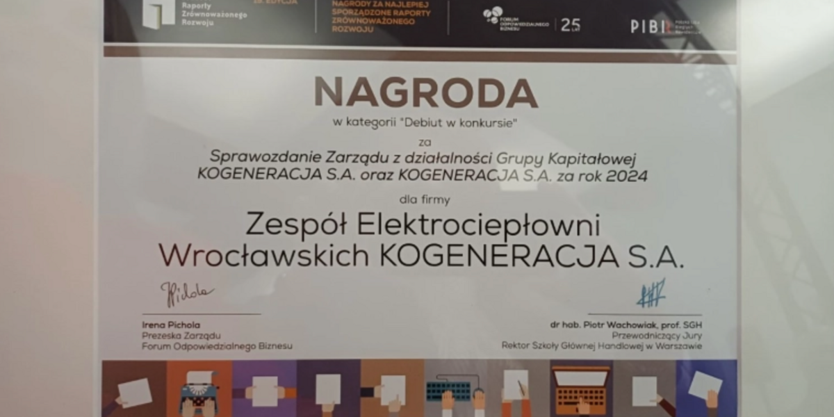 Zespół Elektrociepłowni Wrocławskich KOGENERACJA S.A. z nagrodą główną w kategorii „Debiut” w konkursie Raporty Zrównoważonego Rozwoju